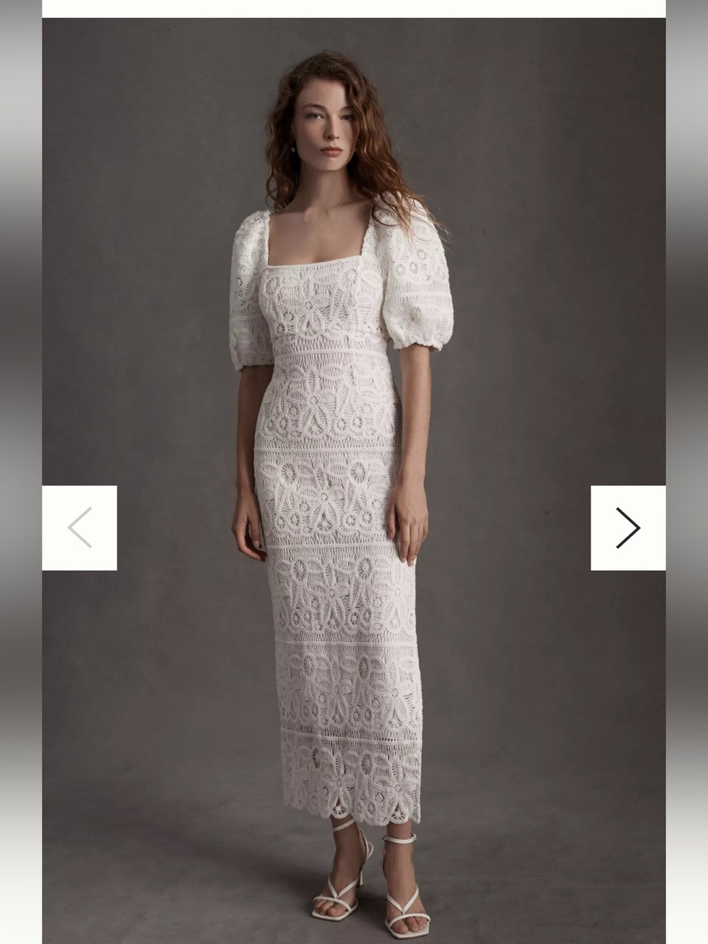 SAYLOR  Anthropologie bride  White Crocheted Lace Midi Dress with Puff Sleeves